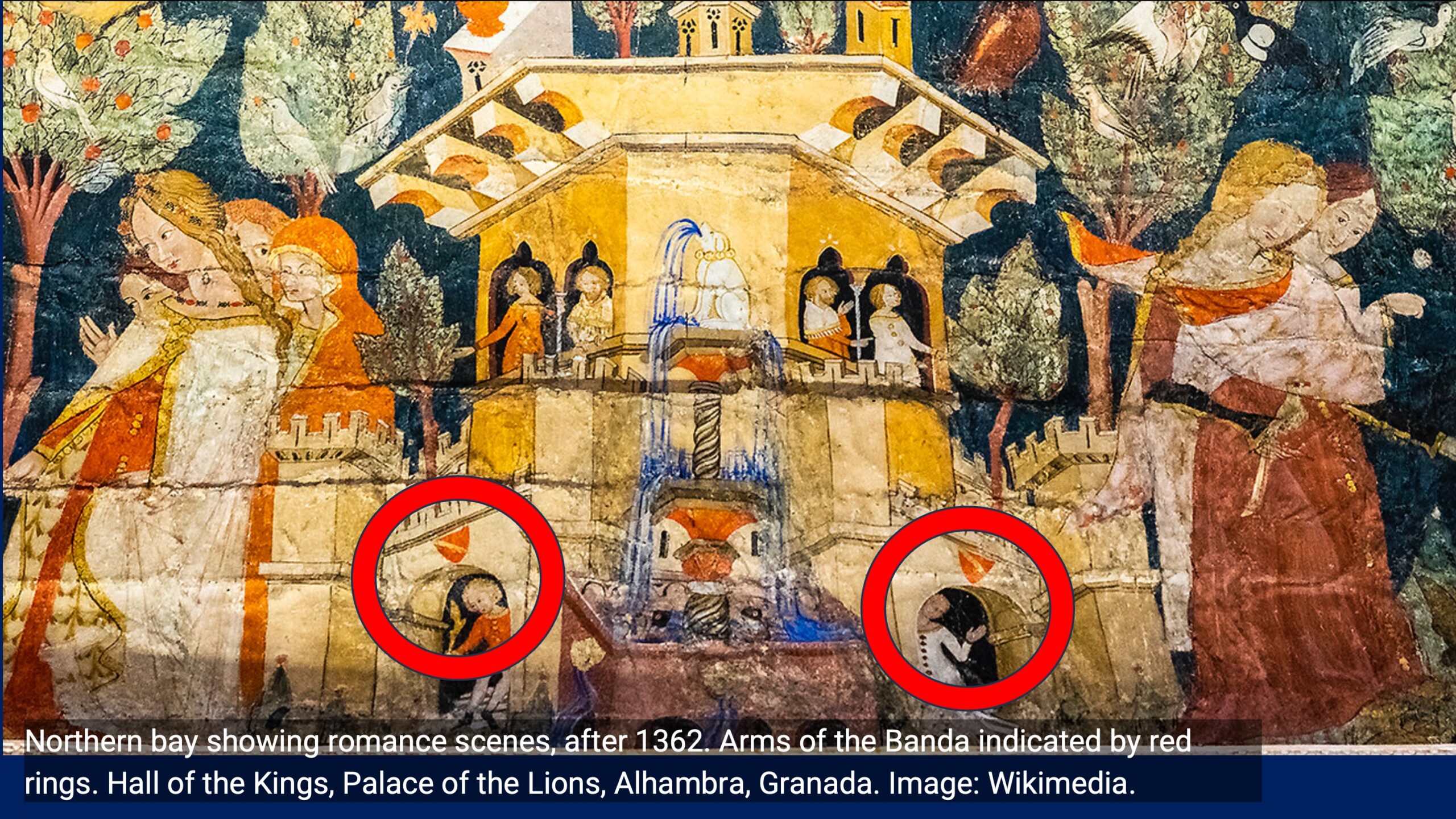 3. Northern bay showing romance scenes, after 1362. Arms of the Banda indicated by red rings. Hall of the Kings, Palace of the Lions, Alhambra, Granada. Image: Wikimedia.