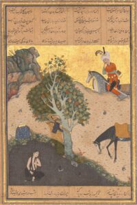 "Khusrau Catches Sight of Shirin Bathing," Folio 50 from a Khamsa (Quintet) of Nizami of Ganja (d. 1209) Painting by Shaikh Zada (active 1510–1550) https://www.metmuseum.org/art/collection/search/446594.